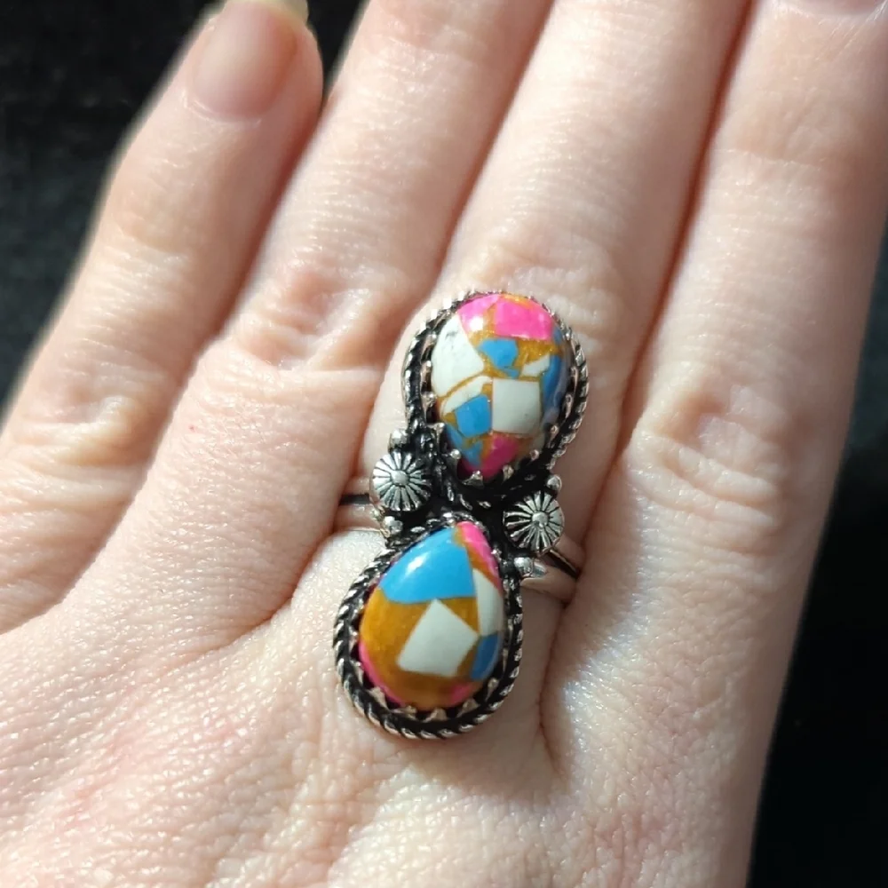 Silver Plated Pink Blue Cotton Candy Dahlia Turquoise Gemstone Statement Ring